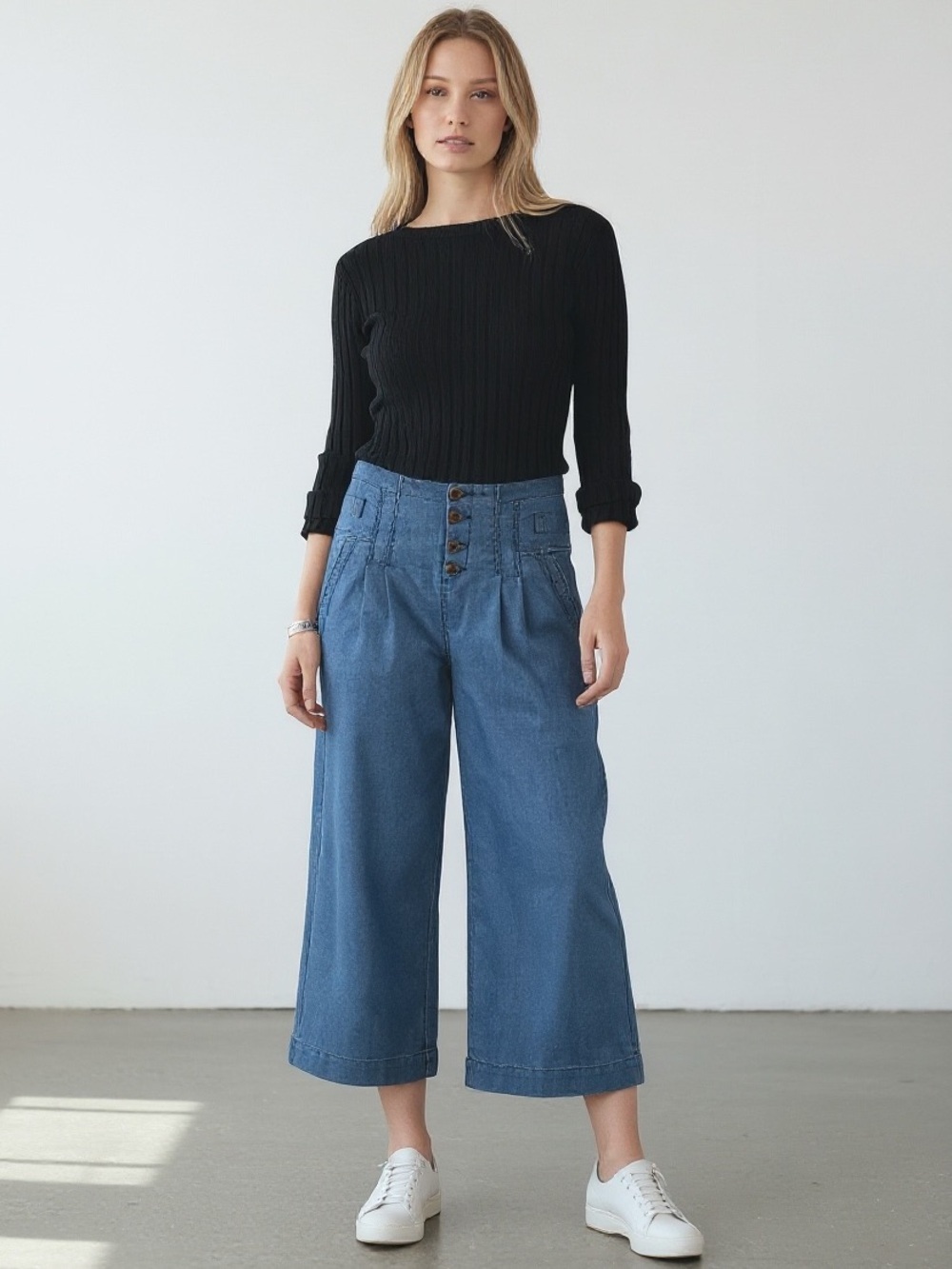 Sundance Bethany Crop Blue Wide Leg Pleated Button Fly High Rise Pants Size 14